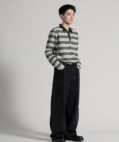 【aimoha neo】Retro Stripe Long Sleeve Polo