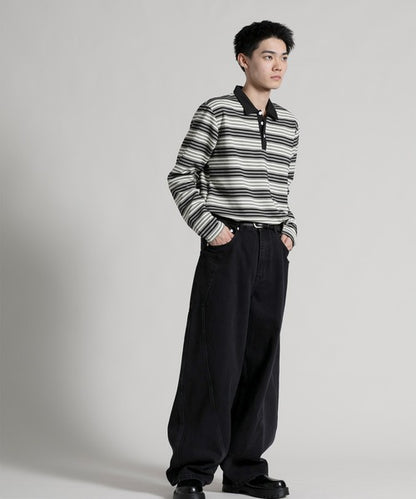 【aimoha neo】Retro Stripe Long Sleeve Polo