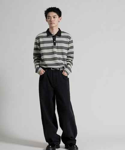 【aimoha neo】Retro Stripe Long Sleeve Polo