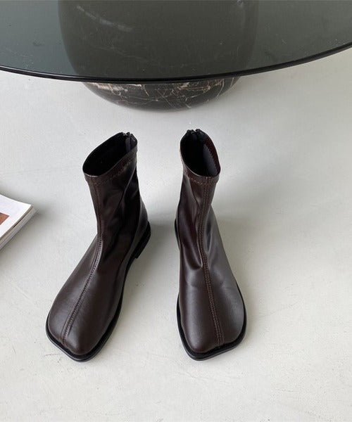 【shoes365】ソフトレザー スクエアトゥ フラットショートブーツ