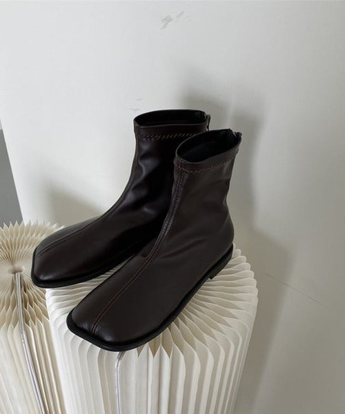 【shoes365】ソフトレザー スクエアトゥ フラットショートブーツ