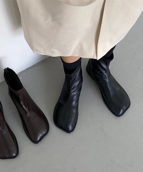 【shoes365】ソフトレザー スクエアトゥ フラットショートブーツ