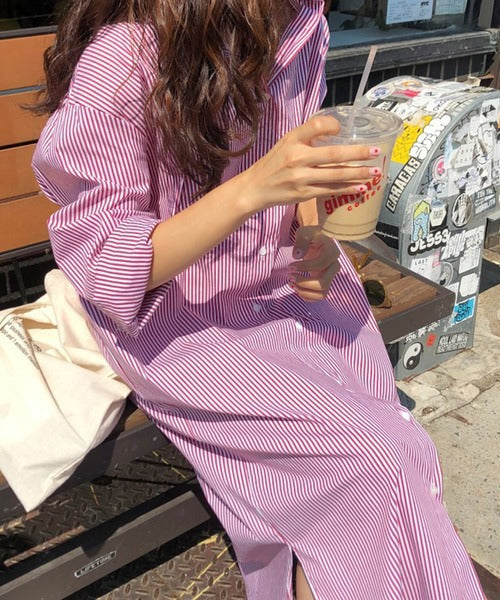 ストライプシャツロングワンピース