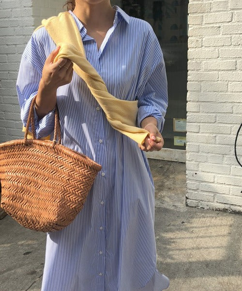 ストライプシャツロングワンピース