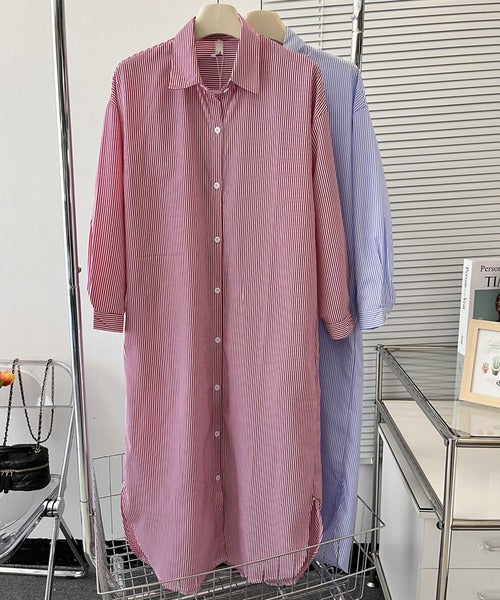 ストライプシャツロングワンピース