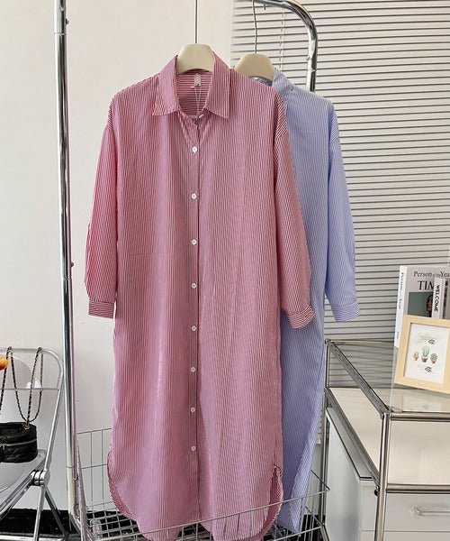 ストライプシャツロングワンピース