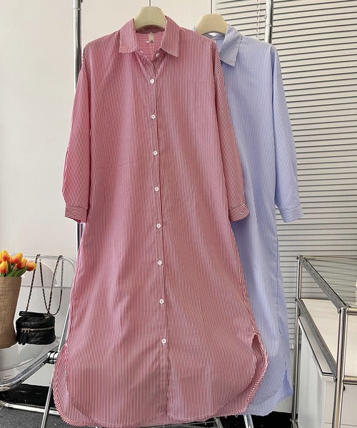 ストライプシャツロングワンピース
