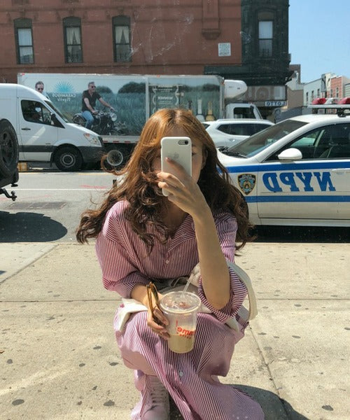 ストライプシャツロングワンピース