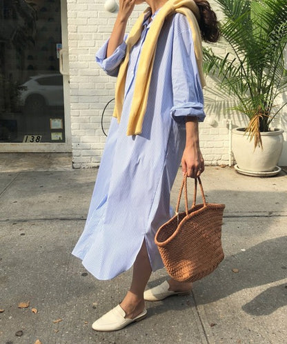 ストライプシャツロングワンピース