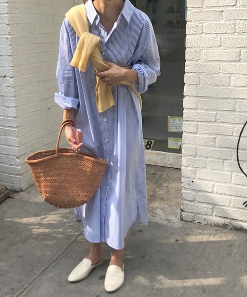 ストライプシャツロングワンピース