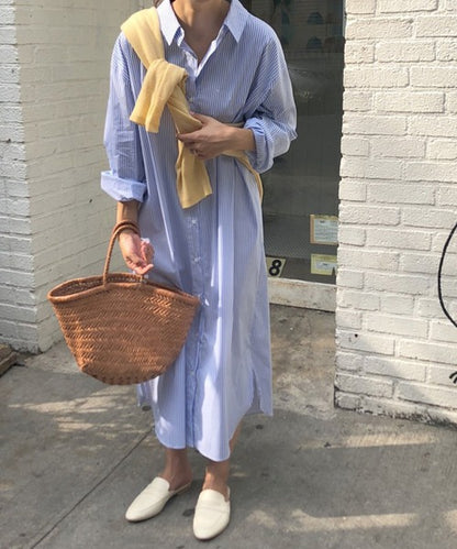 ストライプシャツロングワンピース