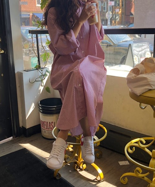 ストライプシャツロングワンピース