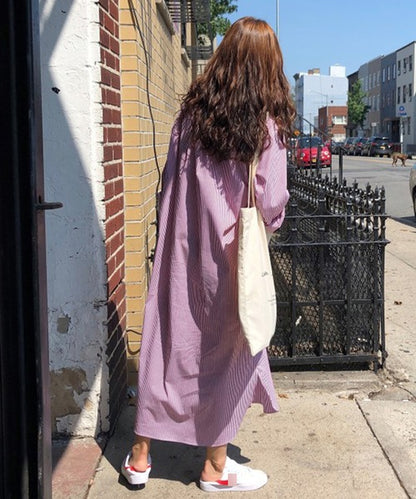 ストライプシャツロングワンピース