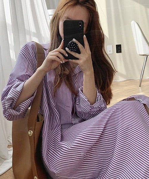 ストライプシャツロングワンピース