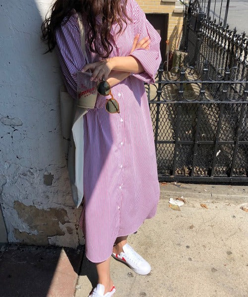 ストライプシャツロングワンピース