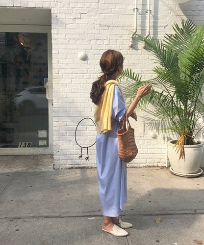 ストライプシャツロングワンピース