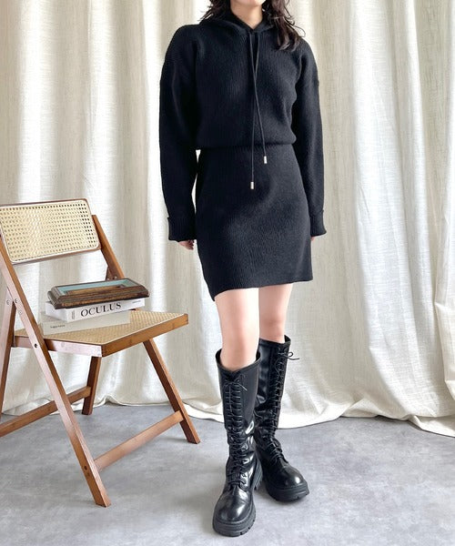 【Jasmine】ハイウエストニットワンピース フード付き