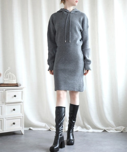 【Jasmine】ハイウエストニットワンピース フード付き