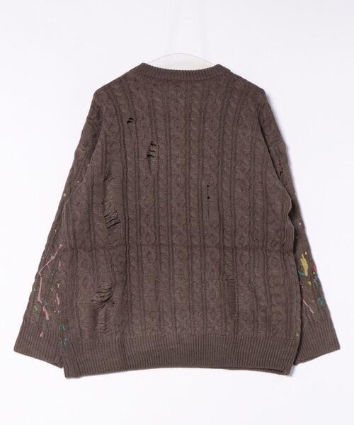 【HOOK】for　girls 　ペイントプリントケーブル編みダメージニット