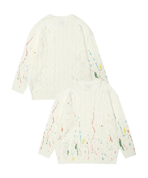 【HOOK】for　girls 　ペイントプリントケーブル編みダメージニット