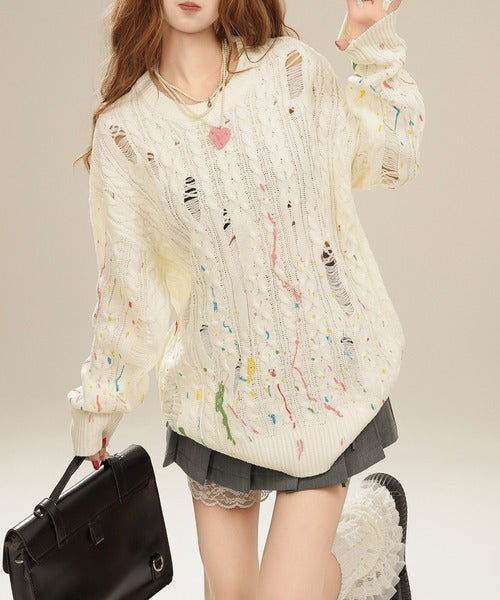 【HOOK】for　girls 　ペイントプリントケーブル編みダメージニット
