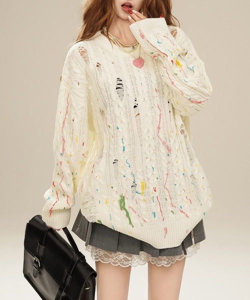 【HOOK】for　girls 　ペイントプリントケーブル編みダメージニット