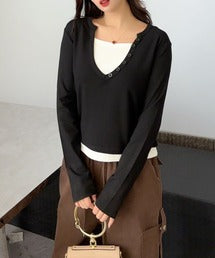 ボタン付きVネックレイヤードトップス