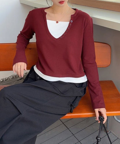 ボタン付きVネックレイヤードトップス