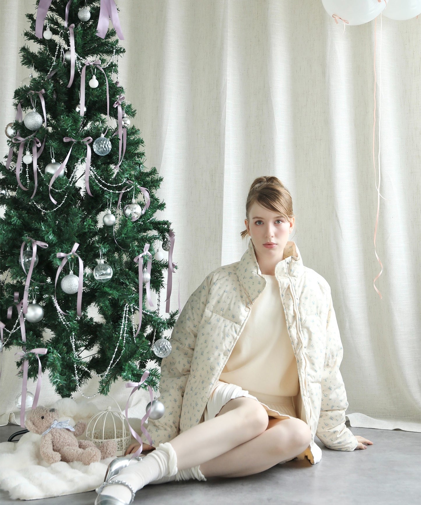 【Jasmine】花柄スタンドカラーダウンジャケットショート丈