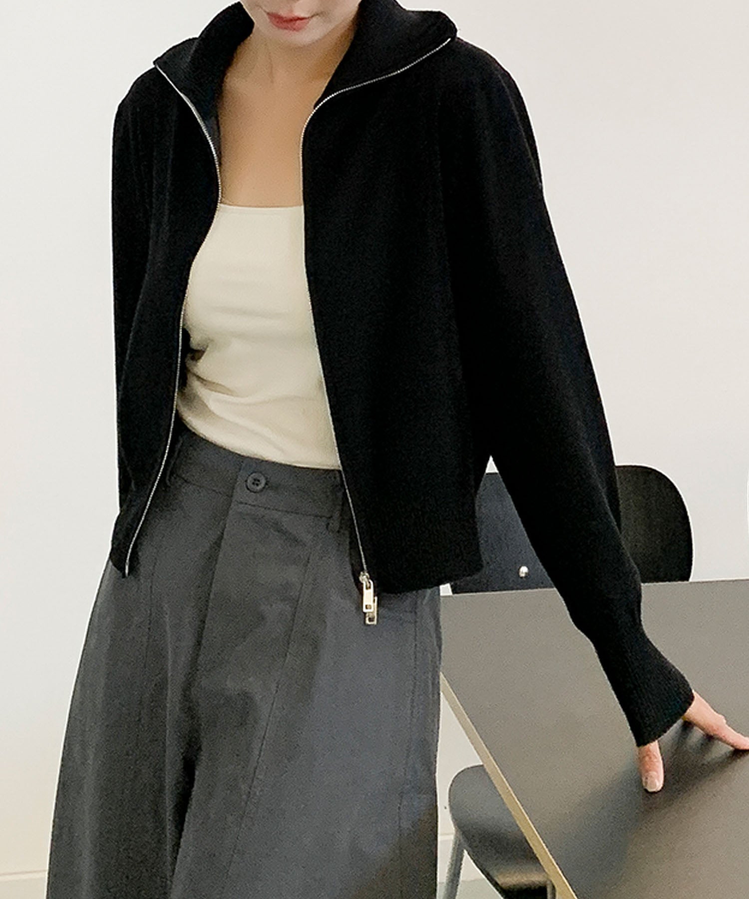 aimoha/ダブルジップ 無地ニットパーカー