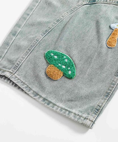 HOOK マッシュルーム刺繍 バレルレッグデニム　チェックベルト付き