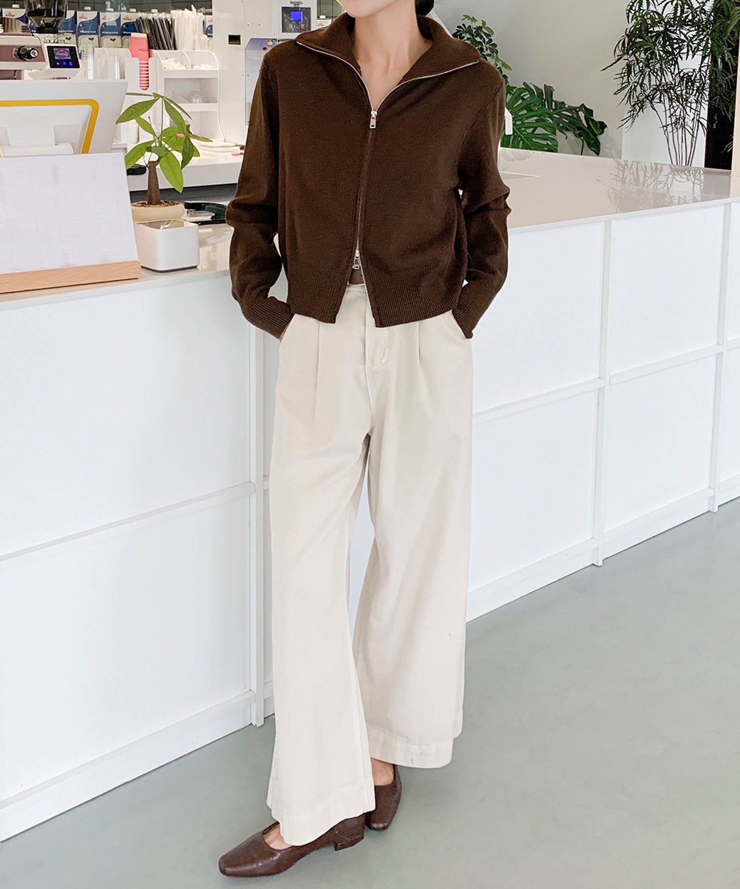 aimoha/ダブルジップ 無地ニットパーカー