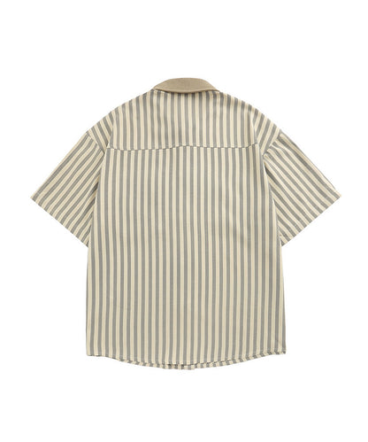 [HOOK] Retro style patch stripe big shirt