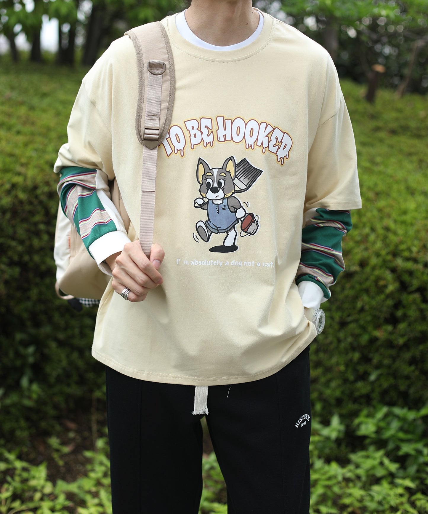 [HOOK -original-] Cute cartoon print border switching sleeve TEE