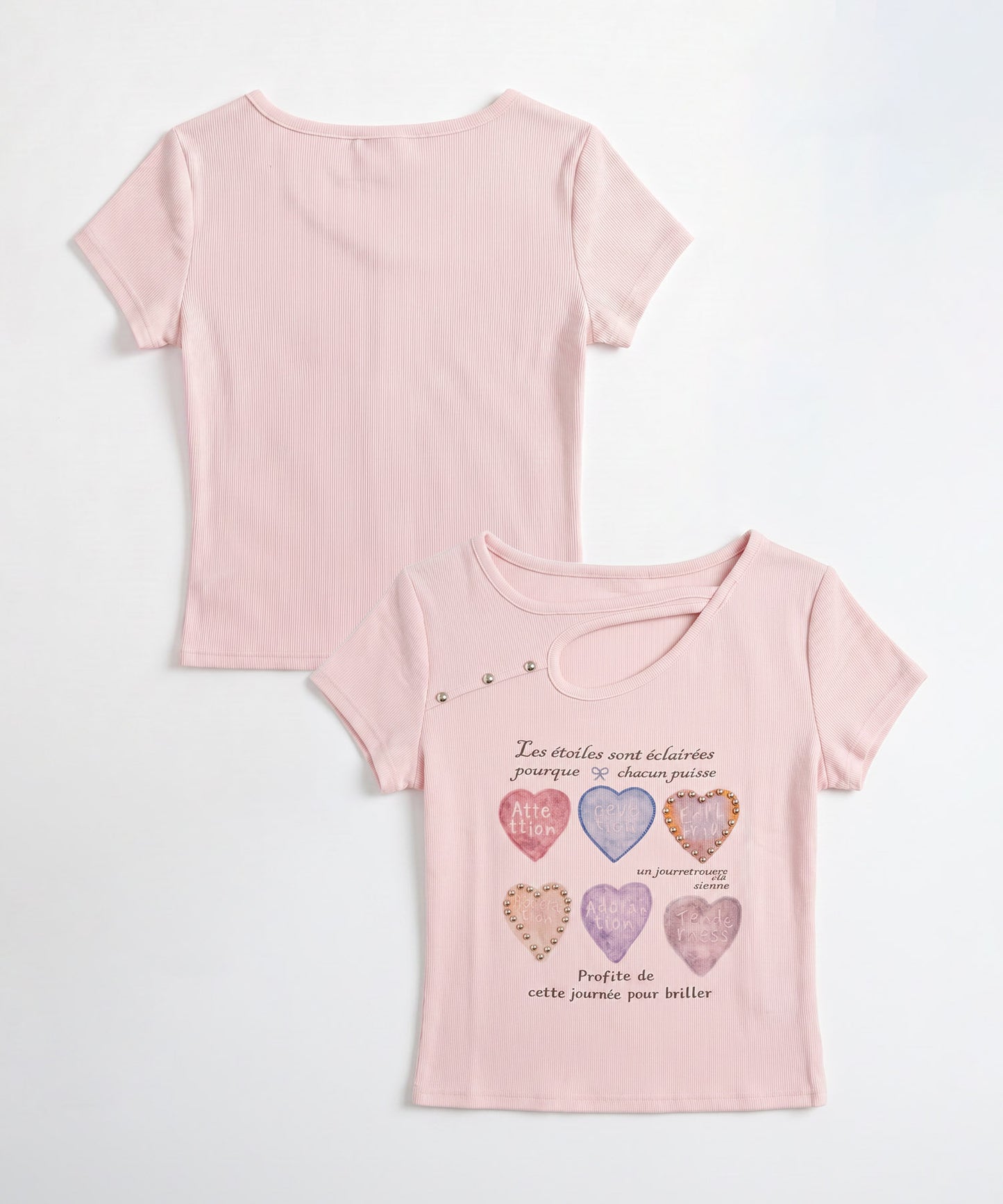 HOOK for girls 胸元デザイン × ハートスタッズプリント　クロップド 半袖 Tシャツ
