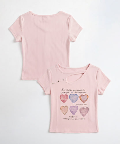 HOOK for girls 胸元デザイン × ハートスタッズプリント　クロップド 半袖 Tシャツ