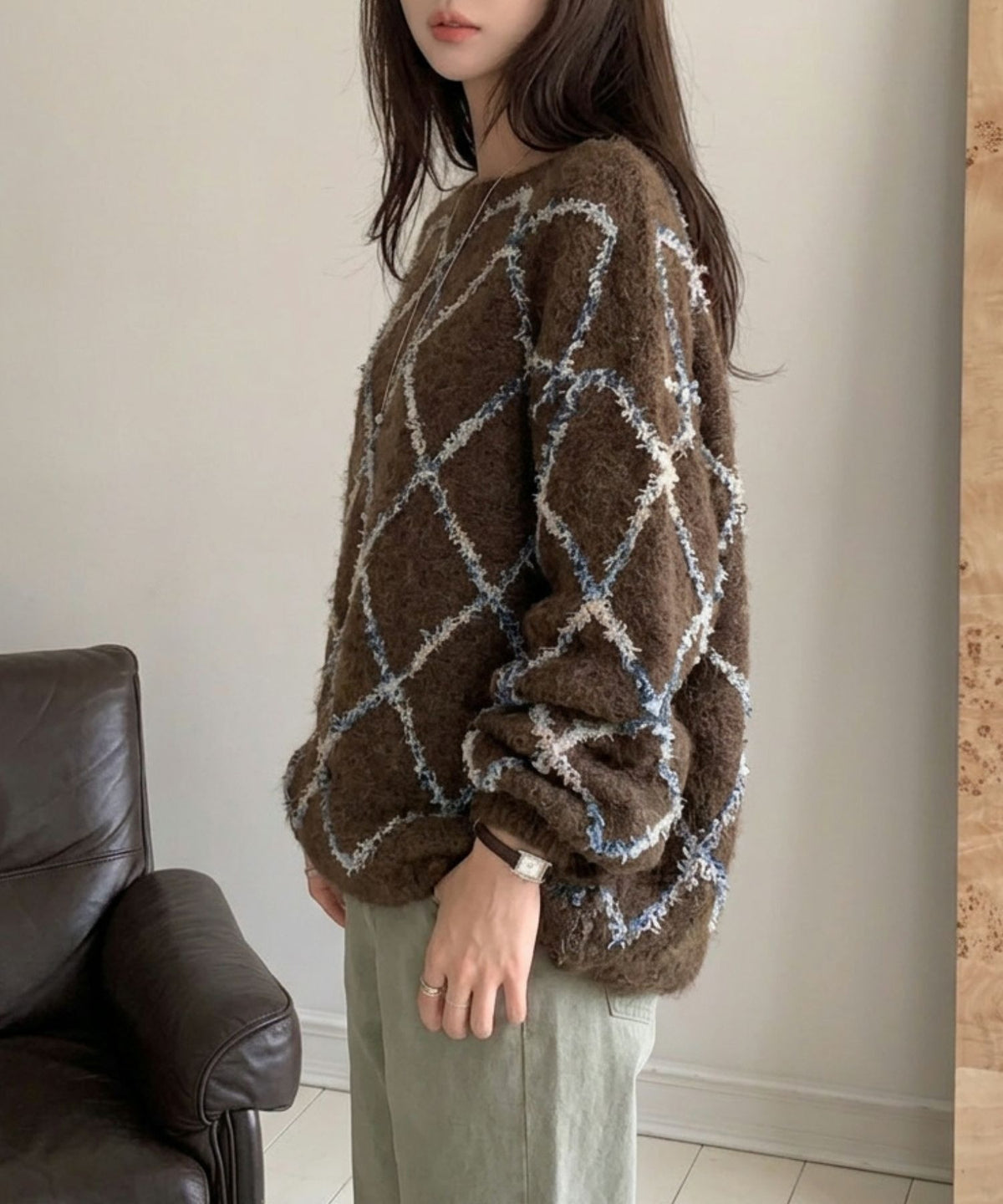 aimoha/配色ダイヤ柄シャギーニット