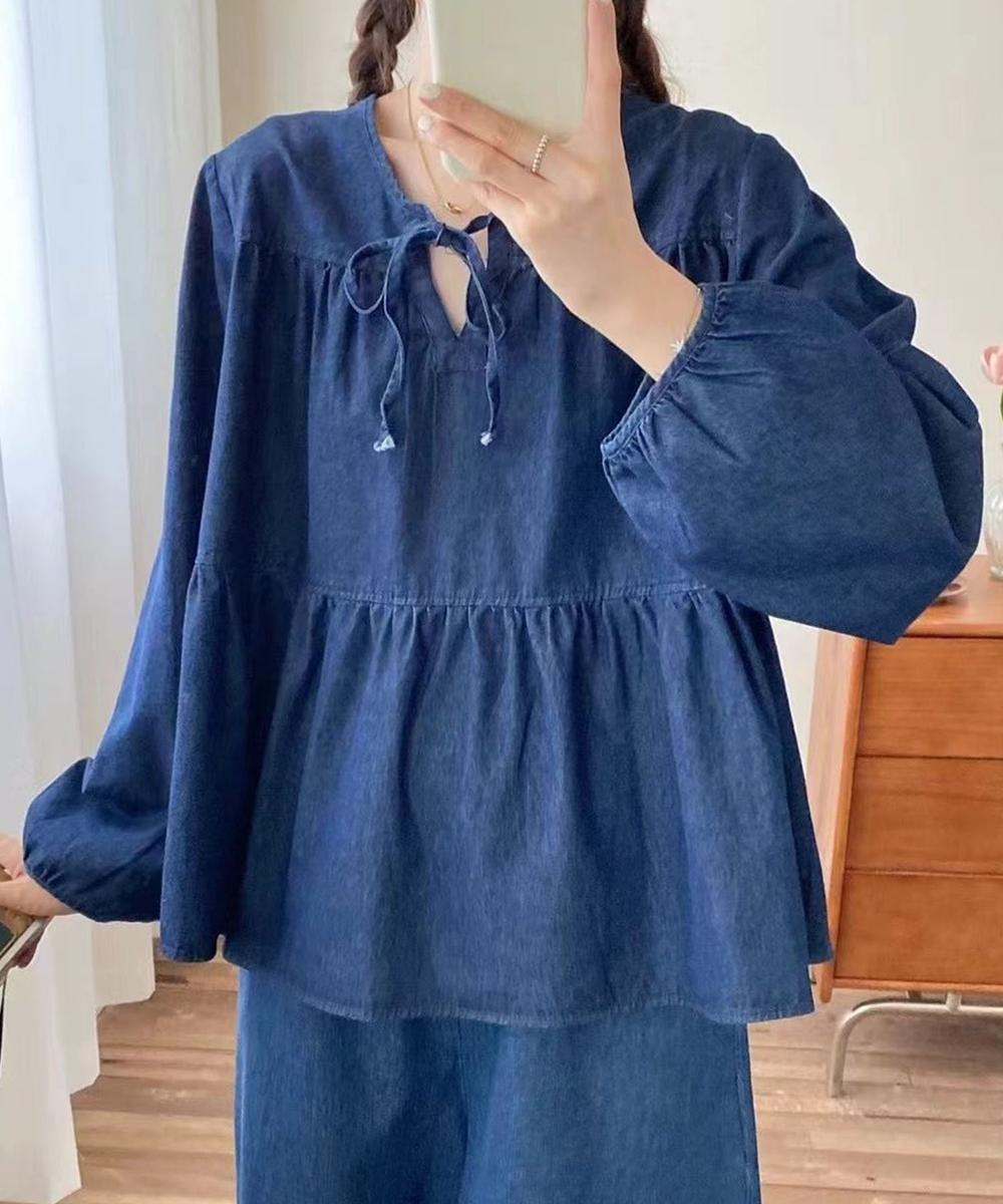 デニムティアードリボンブラウス