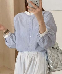 バンドカラーボリュームスリーブシャツ