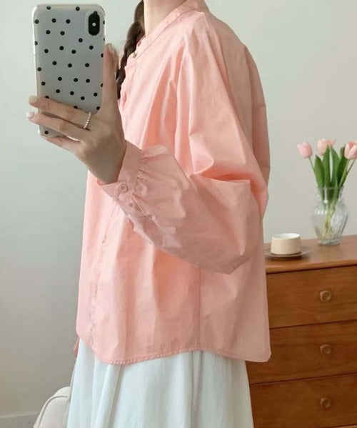 バンドカラーボリュームスリーブシャツ