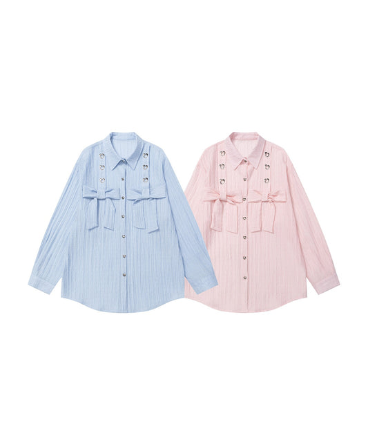 【HOOK】for girls リボンアイレットストライプロングシャツ