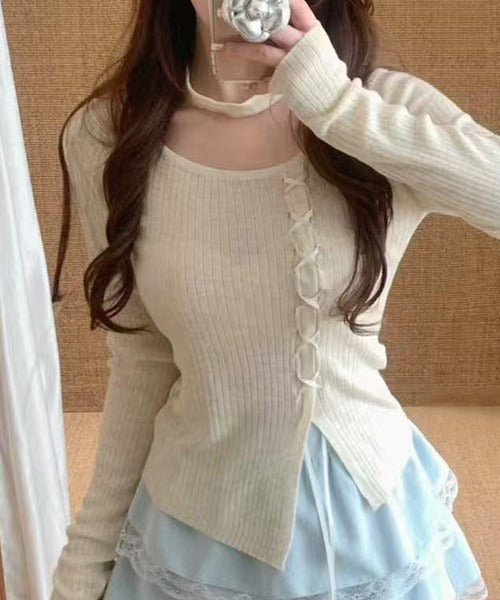 【Jasmine】レースアップニットプルオーバ チョーカー付き