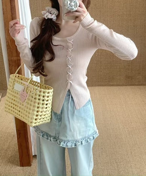 【Jasmine】レースアップニットプルオーバ チョーカー付き