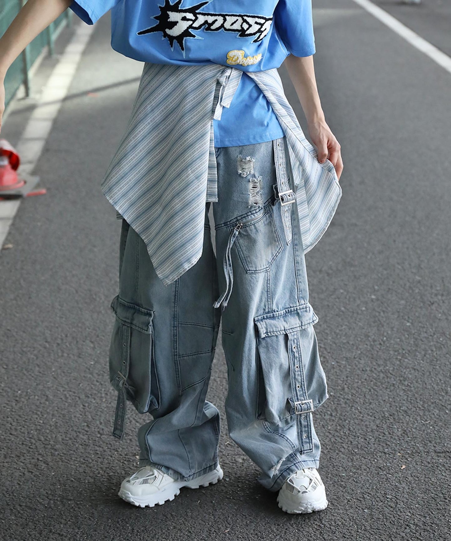 【HOOK】ストラップベルトカーゴデニムパンツ