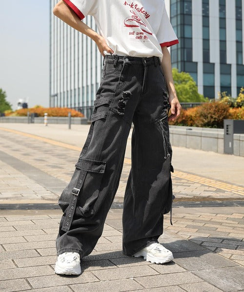 【HOOK】ストラップベルトカーゴデニムパンツ