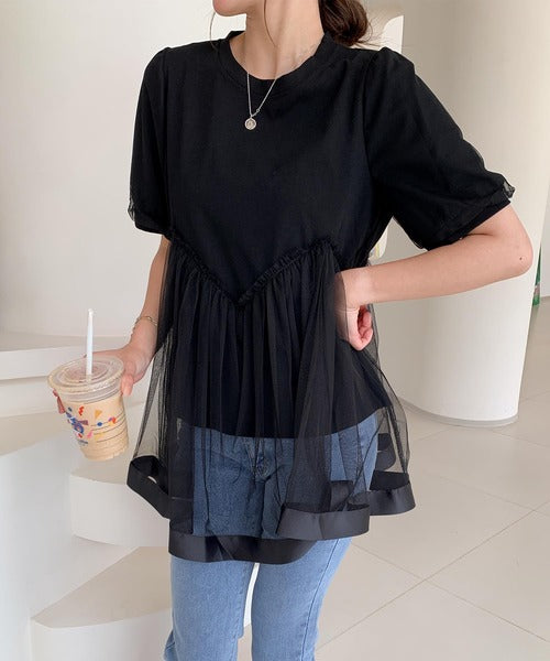 チュール切り替えフレアTシャツワンピース