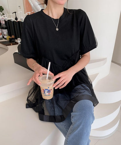 チュール切り替えフレアTシャツワンピース