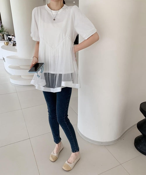 チュール切り替えフレアTシャツワンピース