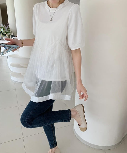チュール切り替えフレアTシャツワンピース