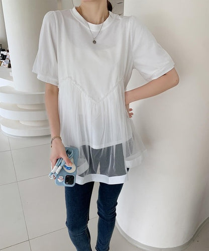 チュール切り替えフレアTシャツワンピース